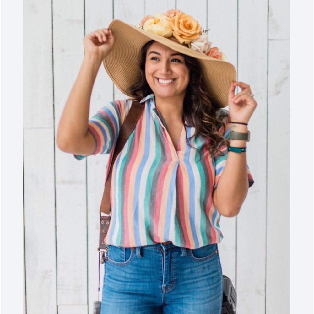 Madewell Rainbow Striped Collared Dolman Sleeve Button-Up Back Coattails Shirt - Picture 3 of 15